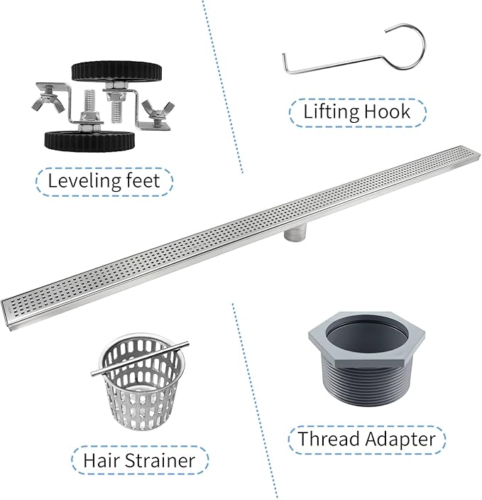 Linear Shower Drain 48", 304 Stainless Steel Floor Drain w/Hair Strainer, Rectangular Shower Drain w/CUPC Certified, Brushed