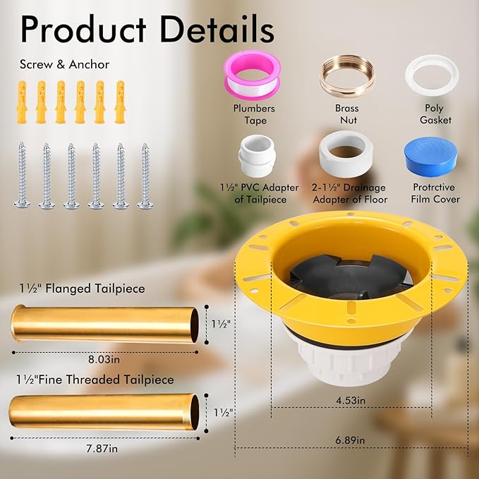Freestanding Tub Drain Kit, Bathtub Drain Rough-in Kit with PVC Adapter and Brass Tail Pipes, Compatible with Freestanding Bathtub Drain, Floor Mounted Bathtub and Copper Bathtub, Yellow