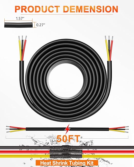 NAOEVO 14 Gauge Wire 3 Conductor Electrical Wire, 14 AWG Stranded PVC Cord, 12V Low Voltage/Tinned Copper/Flexible Cable for Automotive Wiring, Lamp Cord, Marine Cable (50FT)