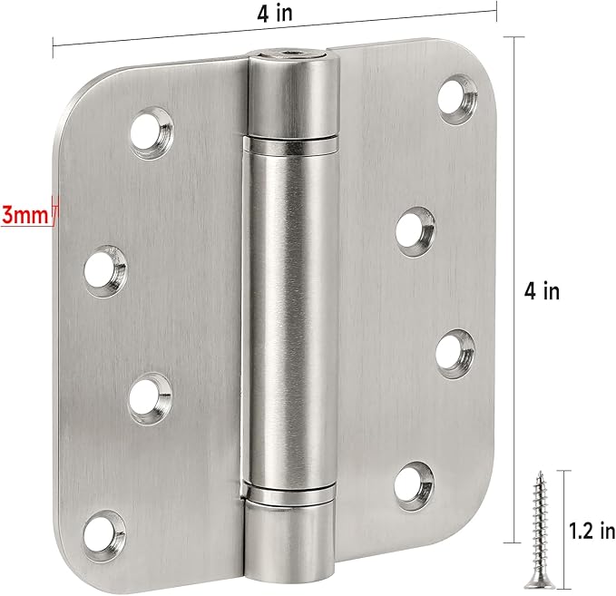 3 Pack Self-Closing 4" Heavy Duty Spring Loaded Stainless Steel Hinges with 5/8" Radius for Exterior Doors
