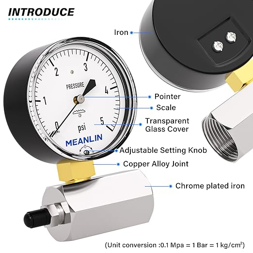 MEANLIN MEASURE 0-5Psi Diaphragm Type Capsule Low Pressure Gauge with 3/4" FNPT Connection Valve, 2-1/2" FACE DIAL Adjustable Air Test Pressure Gauge