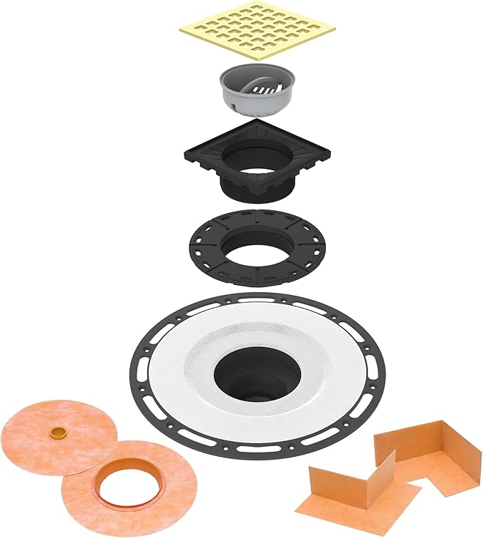 Shower Drain Kit with Brushed Gold Shower Grate, Waterproof Membrane and Pipe Sealing Collar, Complete Floor Drain System for Tiled Showers and Bathrooms