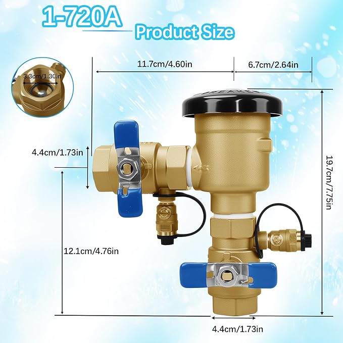 1" 720A Pressure Vacuum Breaker Assembly 1-720A Thickened Brass Backflow Preventer Valve for Irrigation Systems and Commercial Water Supply Systems, Back Siphon Protection, MAX 400PSI