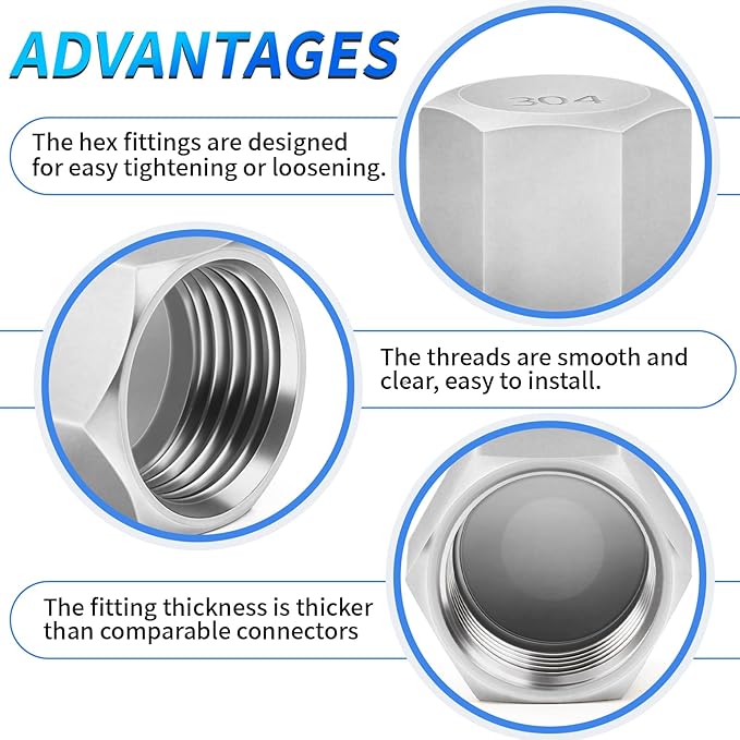 ChillWaves 304 Stainless Steel Pipe Fitting, Hex End Cap Pipe Fitting，1" NPT Female，Thread Adapter(3-PACK)