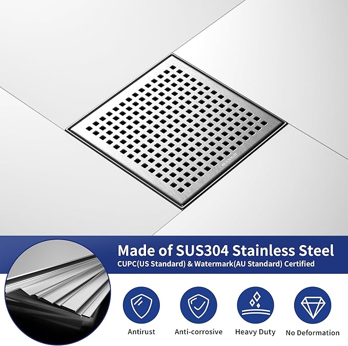 Square Shower Drain 8", 304 Stainless Steel Floor Drain with Grid Drain Cover & Hair Strainer, Retrofit Shower Drain w/CUPC Certified, Brushed