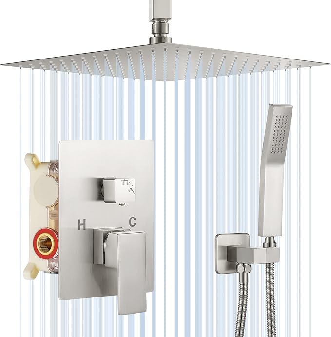 NERDON Shower System, 12 Inch Brushed Nickel High Pressure Shower Head with Rain Handheld Combo Set, Ceiling Mounted Dual Shower Head System, Bathroom Shower Faucet Set Rough-in Valve Body and Trim