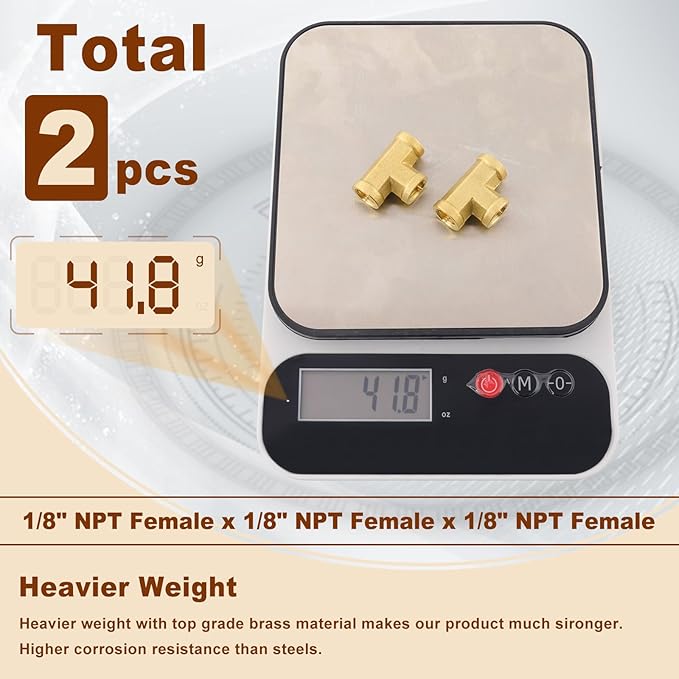 2pcs 1/8" Brass Tee Fittings 1/8" NPT Female Pipe to 1/8" NPT Female Pipe to 1/8 Inch NPT Female Brass Barstock Street Tee Pipe Fittings 3 Way Forged Brass Fittings