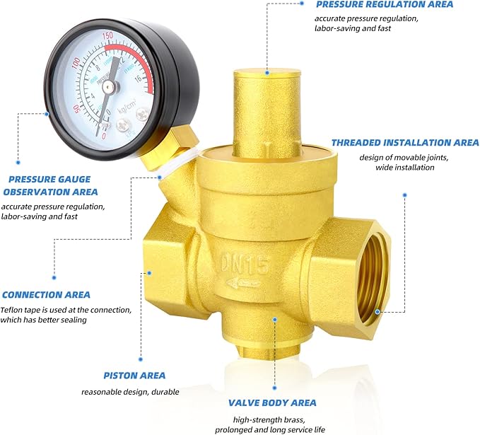 MEANLIN MEASURE 1/2 inch brass Water pressure regulating valve, pressure regulating valve, pressure reducing valve, DN15, with 0-220PSI pressure gauge