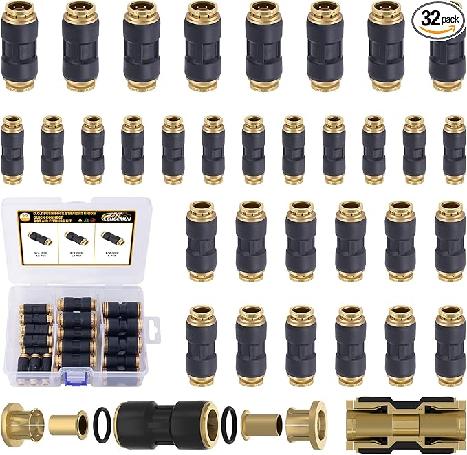 CheeMuii 32 PCS DOT Air Line Fittings 1/4" 3/8" 1/2" DOT Push Lock Air Fittings Brass and Plastic Straight Unions Quick Connect Air Hose Fittings Repair Kit