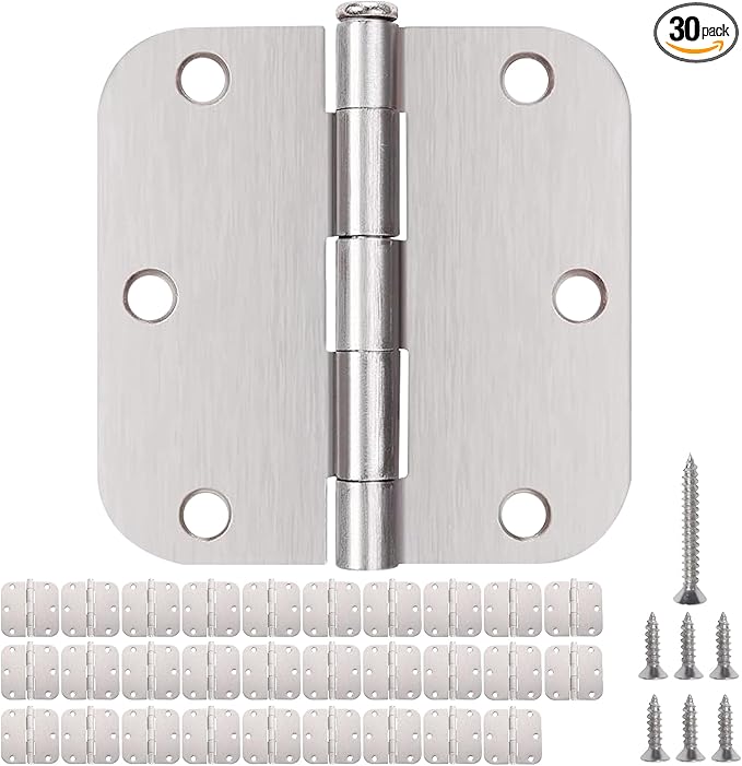 30 Pack Rounded Satin Nickel Door Hinges Matte 3.5 Inch 5/8" Radius Interior 3 1/2 Inch Flat Iron Bifold Residential Standard Bedroom Interior Exterior and Closet Doors 3 ½ x 3 ½" Heavy Duty Hardware