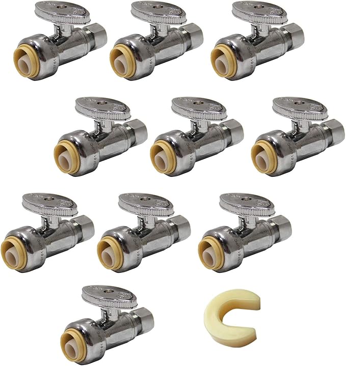 (Pack of 10) EFIELD Push Fit 1/4 Turn Straight Stop Valve Water Shut Off 1/2 Push x 3/8 Inch Compression Chrome with a Disconnect Clip,(PF-VALVE021-10PCS)