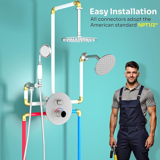 Temperature Display Shower Valve 3 Way Brass Rough-in Mixer and Round Trim Kit, Triple Function Digital Shower Diverter, Brushed Nickel