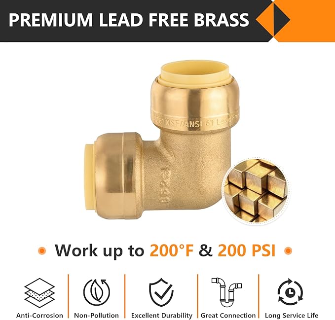 10-Pack HeSun Pushfit 90 Degree Elbow, 1/2"x1/2" Push to Connect Plumbing Fittings with Disconnect Clip, Brass Push-fit Fittings for PEX, Copper, CPVC, PE-RT Pipes(PF045)