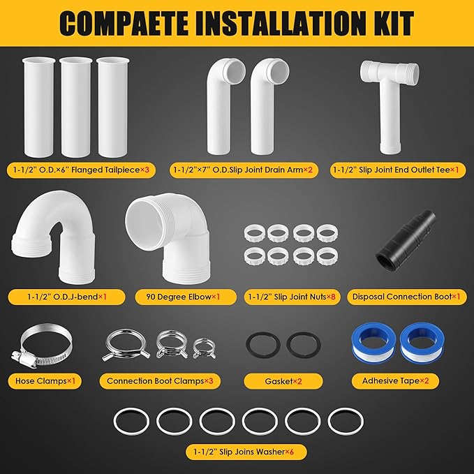 Saillong 27 Pcs Garbage Disposal Installation Kit Complete Kitchen Sink Drain Pipe Kit for Double Bowl Sink, 1-1/2" Plumbing, Simple Install, Leak Proof (Set A)