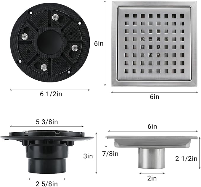 6 Inch Square Shower Floor Drain, Stainless Steel Black Shower Drain Kit with Flange, Floor Drain with Removable Grid Cover,Brushed Nickel