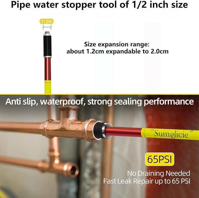 Plumbing Plug Tool, Water Stopper for Pipes 1/2" PVC Copper Steel Pipes, expansion range 1.2 to 2cm, No Draining Needed Fast Leak Repair up to 65 PSI, with replacement gaskets nuts EPDM Kit