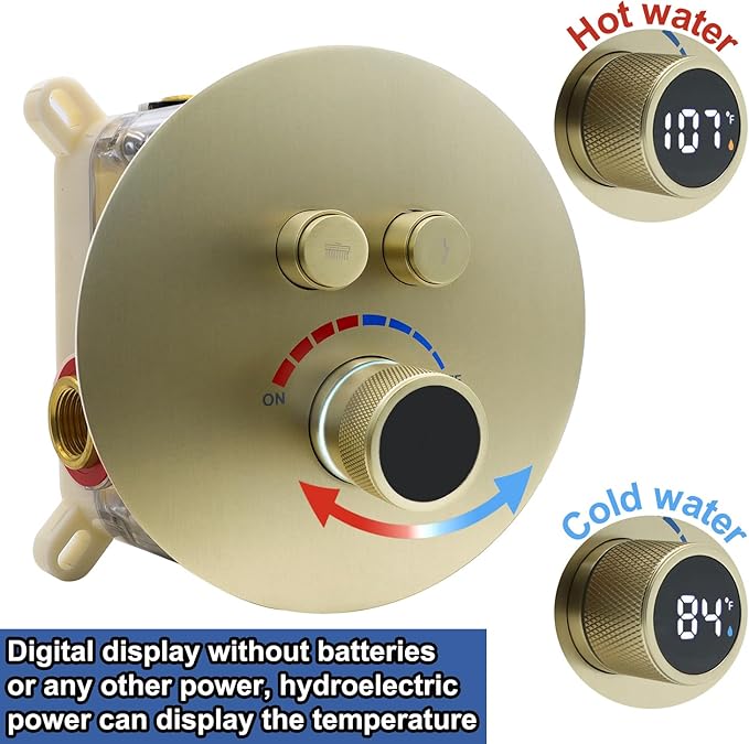 Round Digital Display Shower Valve 2 Way Shower Mixing Valve Concealed Installation Can Use All the Time Brushed Gold