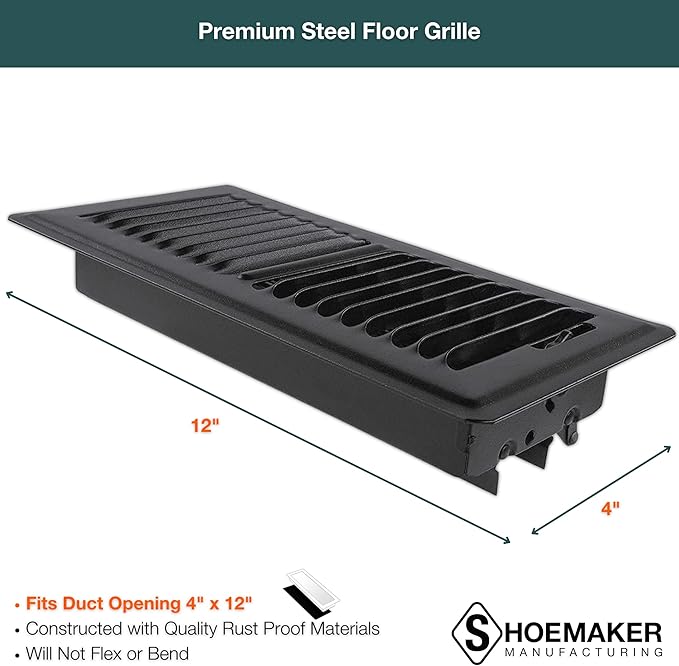 Shoemaker 4x12 Floor Register – Black Heavy Duty Metal Floor Vent Cover for Home Floors - Premium Forced Air Vent Covers