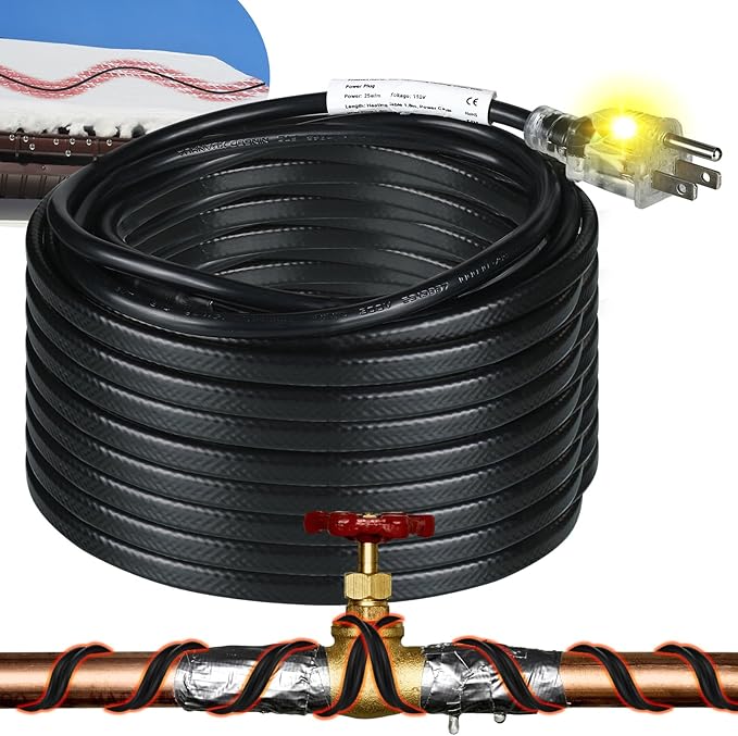 Kingdder 6FT - 48FT Heat Tape for Water Pipes Thermostat Self Regulating Heating Cable with Power Indicator Plug Built-in, Heavy Duty Heating Cable for Pipe Freeze Protection, 120V 8W/ft(1 Pcs,48 Ft)