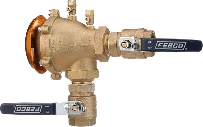 Febco 765 Series 1-1/2" Bronze Pressure Vacuum Breaker Backflow Preventer, Quarter Turn Shutoff, NPT Connections, Spring-Loaded Check Valves, Max Pressure 150 psi, Industrial Plant, Irrigation System