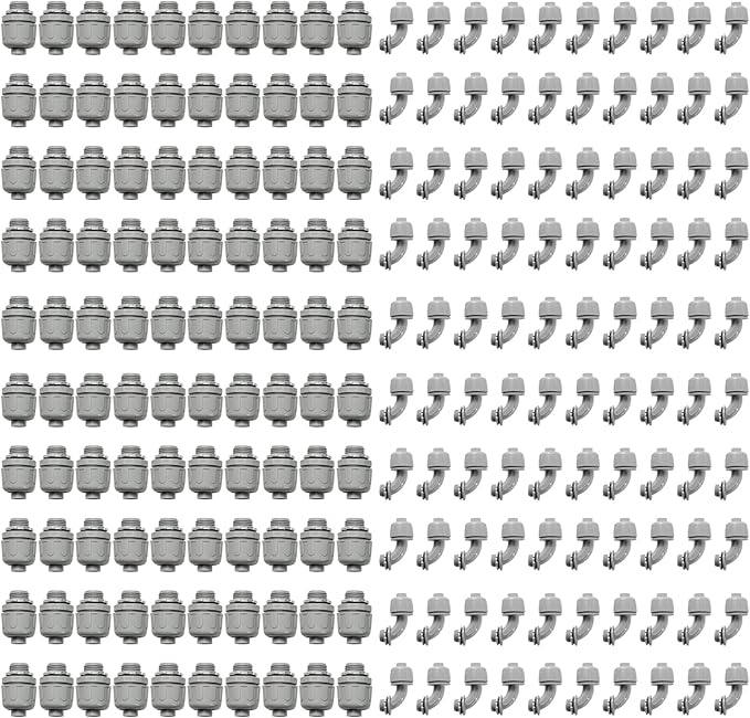 Conduit Connectors, 1/2 Inch Liquid Tight Connector NPT Non-Metallic for PVC Electrical Flexible Conduit Fittings, 100 Straight and 100 Angle 90 Degree, UL Listed, Grey (200-Pack)
