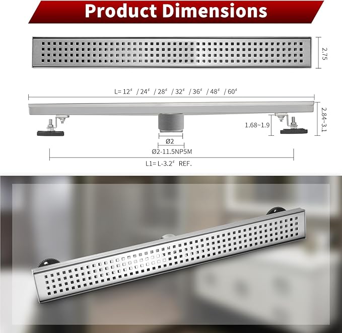 Sharp-tec 28 inch Linear Shower Drain, Brushed Rectangular Floor Drain, V-Shape Design Drain Channel, 304 Stainless Steel, cUPC Certificated for Bathroom Shower Room (Drain Base is Not Included)