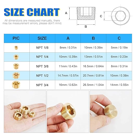 Glarks 6Pcs Brass 1/4'' NPT Male Pipe Plug Fitting Set Internal Hex Thread Socket Pipe Plug Assortment Kit