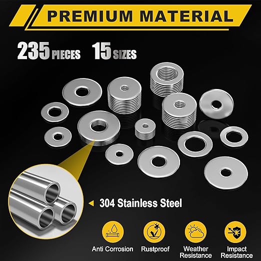 235Pcs Fender Washers, 304 Stainless Steel Flat Washers Assortment Kit, 15 Different Sizes M3 M4 M5 M6 M8 M10 M12 Metal Washers for Screws Bolts Hardware for Various Home Industrial Automotive