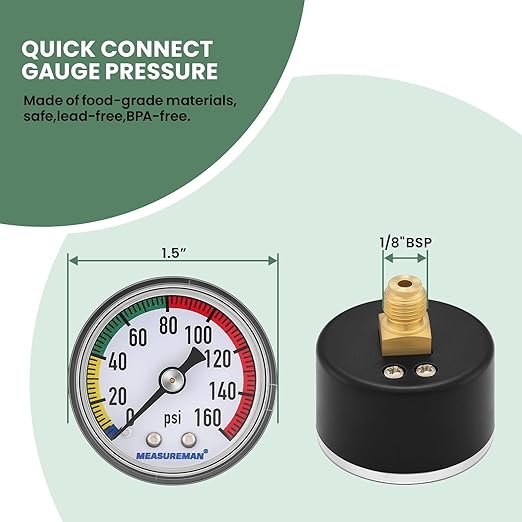 MEASUREMAN Water Pressure Gauge, Compatible with Reverse Osmosis (RO) Filter Systems, Water Filters 160 PSI with T-Valve Adapter – Home Water Pressure Tester Lead & BPA-Free, Easy Installation