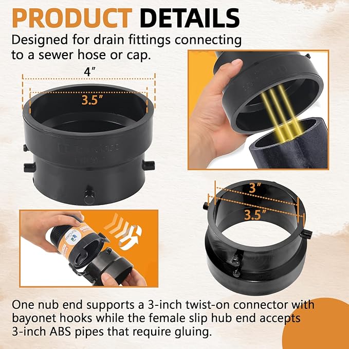 TonGass T1029-2 RV Sewer Termination Adapter - 3" Hub x 3" Bayonet, RV Sewer Hose Termination Adapter with Thread Seal Tape, Camper Sewers Terminations Adapters to 3" PVC - Black