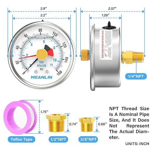 MEANLIN MEASURE 0~160Psi Stainless Steel 1/4" NPT 2.5" FACE DIAL with Reset Pointer Liquid Filled Pressure Gauge WOG Water Oil Air, Back Mount, with Brass Hex Bushing