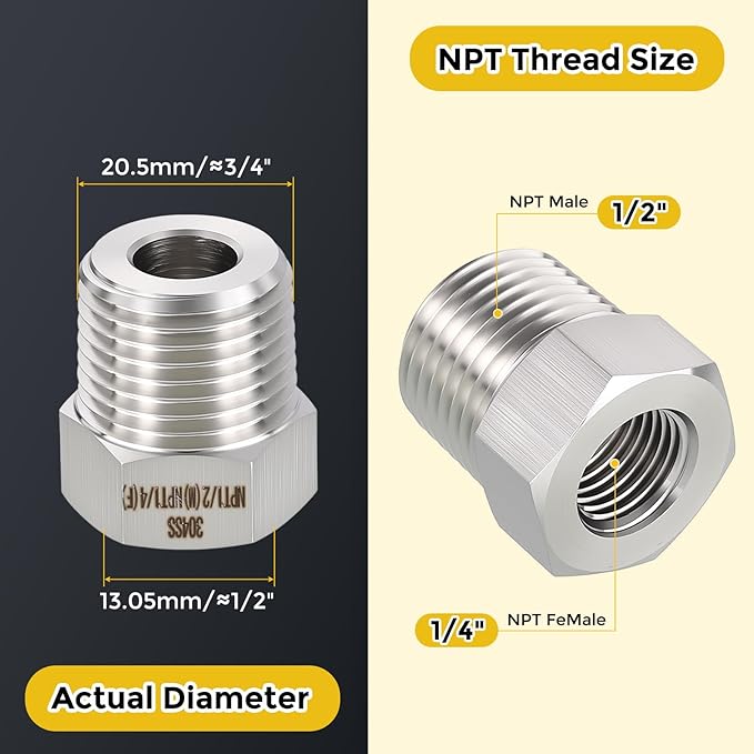 METALLIXITY 2PCS 1/2" Male NPT x 1/4" FeMale NPT Thread 304 Stainless Steel Hex Bushing Extension Tube Adapters Convert for Water Tub Spout/Shower
