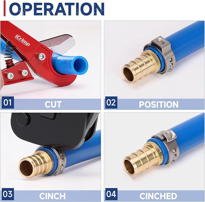 iCrimp KIT-BJ02 PEX Crimping Tool Kit with PEX Clamps, PEX Pipe Cutter, One-Handed PEX Clamp Tool for Cinching 3/8-in, 1/2-in, 3/4-in, 1-in PEX Clamp