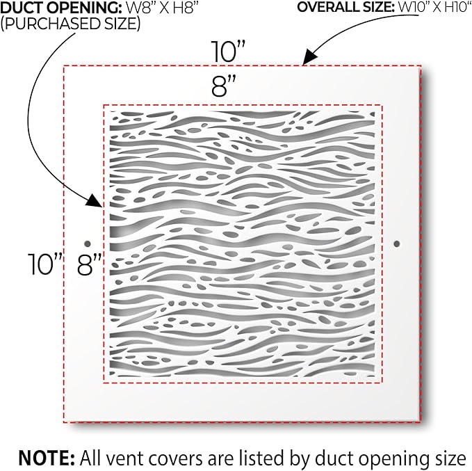 SABA Home Decor White Air Vent Cover - Acrylic Plexiglass 8" x 8" Duct Opening (10" x 10" Overall) Return Grille Decorative Covers for Walls & Ceilings NOT for Floor USE, Waves, Screws Installation