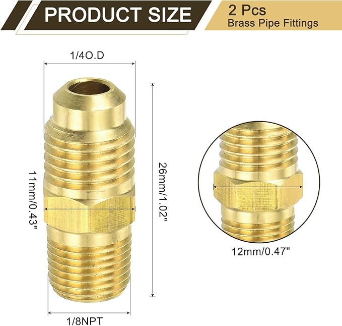 uxcell 2Pcs Brass Tube Fitting, 1/4O.D x 1/8NPT Brass Flared Pipe Adapter Fittings Reducing Nipples Connector, Half Union Gas Adapter for Pipe Connections, Hydraulics, Refrigeration