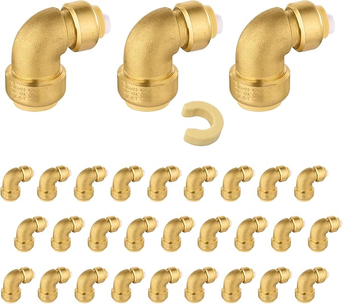 (Pack of 30) Niikappu 3/4 Inch x 1/2 Inch Reducing Elbow Brass Fitting, Push to Connect Plumbing Brass Fittings, PEX, Copper, CPVC, PE-RT Pipes