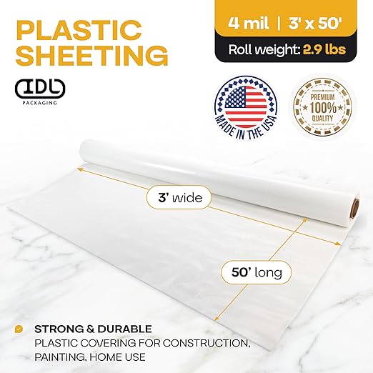 Plastic Sheeting 4 mil, 3' x 50' (150 sq. ft.) - Thick Semi-Clear Plastic Sheeting for Painting & Construction & Home Use - Heavy Duty LDPE Film Roll - Plastic Sheet for Drop Cloth by IDL Packaging