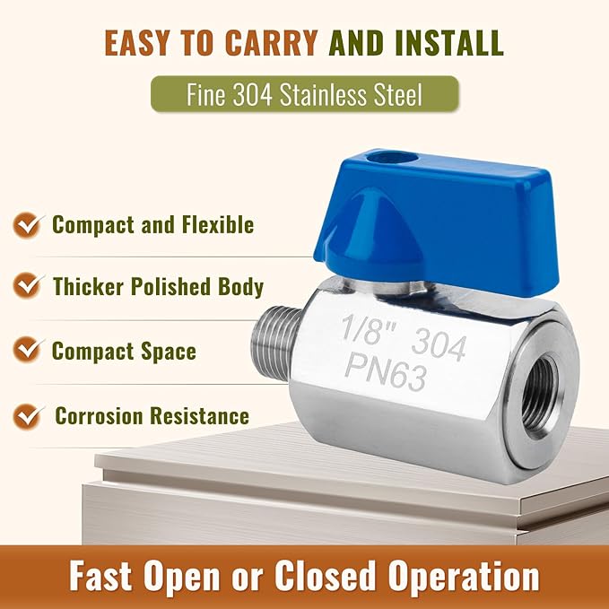 4Pack 1/8" Mini Ball Valve, 304 Stainless Steel Shut-Off Valve NPT Female x Male Thread Small Valves for Compact Space (4, 1/8 Inch)