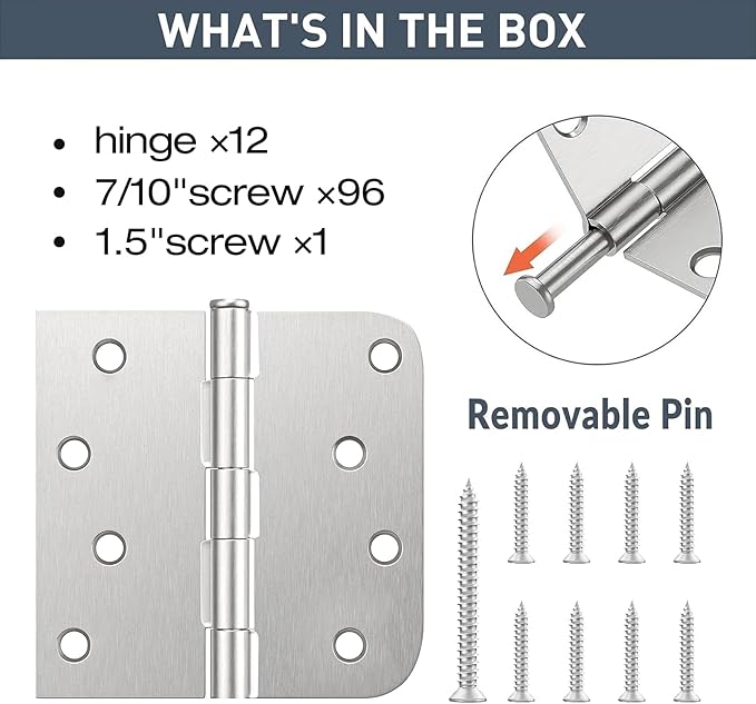 HOSOM 12 Pack Brushed Nickel Exterior Door Hinges 4 Inch, 5/8" Radius, Removable Pin, Perfect for Heavy-Duty Front & Back Door, Antirust & No Squeaks