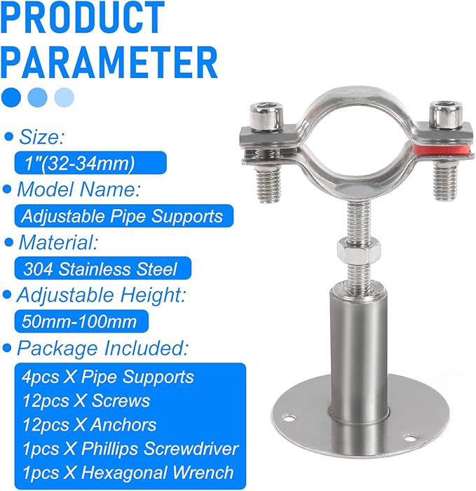 Kodilin 4PCS 304 Stainless Steel Wall Mount Ceiling Mount Pipe Supports,Suitable for OD Pipe 1"(32-34mm),Adjustable Height 50-100mm,Adjustable Pipe Strap Clamp with Screws