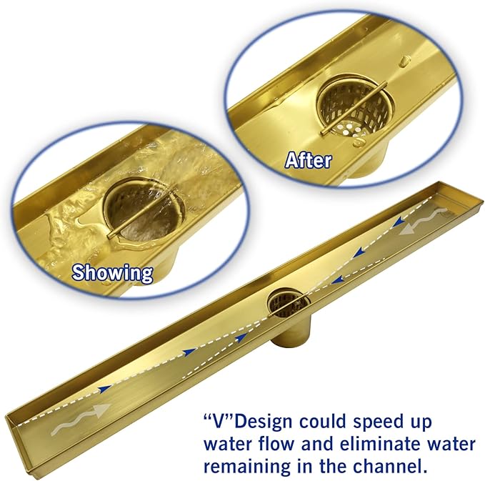 Linear Shower Drain 24", 304 Stainless Steel Floor Drain with Grid Drain Cover & Hair Strainer, Rectangular Shower Drain w/CUPC Certified, Brushed Gold