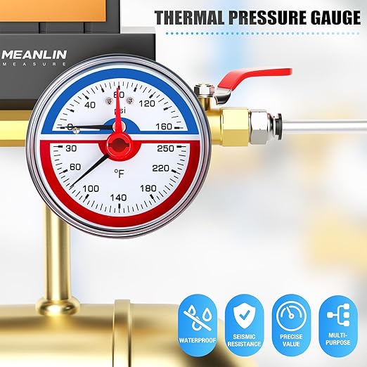 MEANLIN MEASURE 0-160Psi Thermal Pressure Gauge,0-250℉ 1/4" NPT 2.5" FACE DIAL, Boiler Temperature Pressure Gauge with Reset Pointer, with 1/2" NPT and 3/8" NPT Hex Bushing, Back Mount