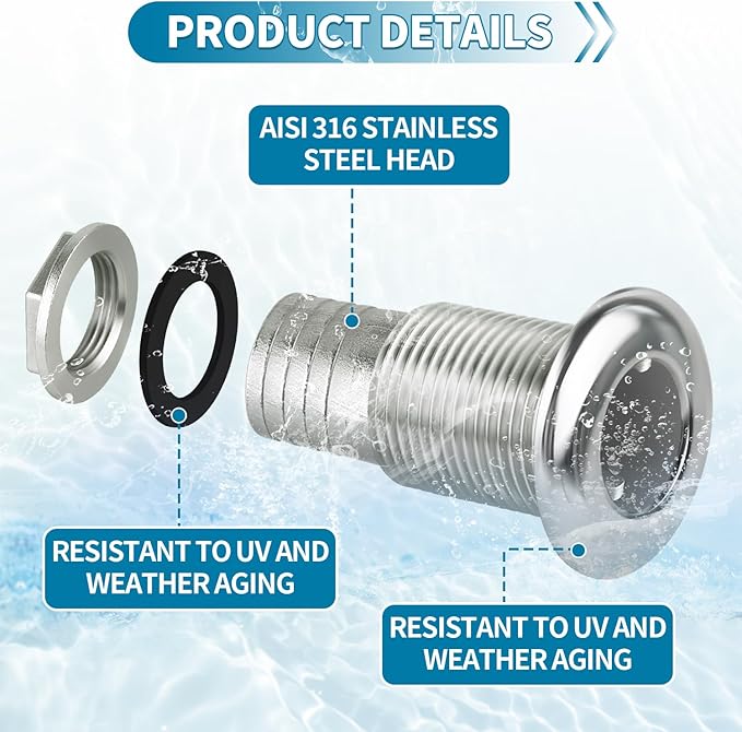 Thru Hull Fittings for Boats, Stainless Steel Yacht Through Hull Connecter with Straight Barb, Marine Barbed Hose Skin Fitting Drain for 3/4 inch I.D. Hose, 1 inch I.D. Hose