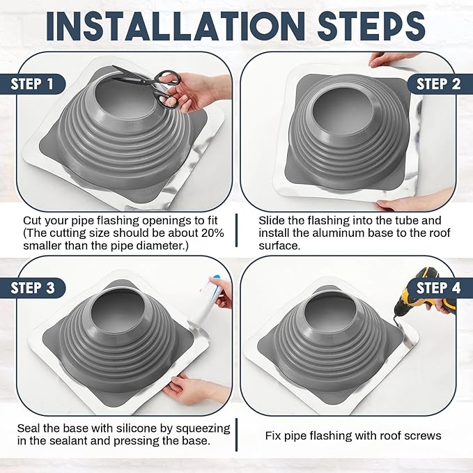 #7 Metal Roof Vent Boot Chimney Flashing Roof Jack Pipe Vent for Pipe Od 6 to 11 Sleeve Square Base Epdm (14 Inch, Grey)