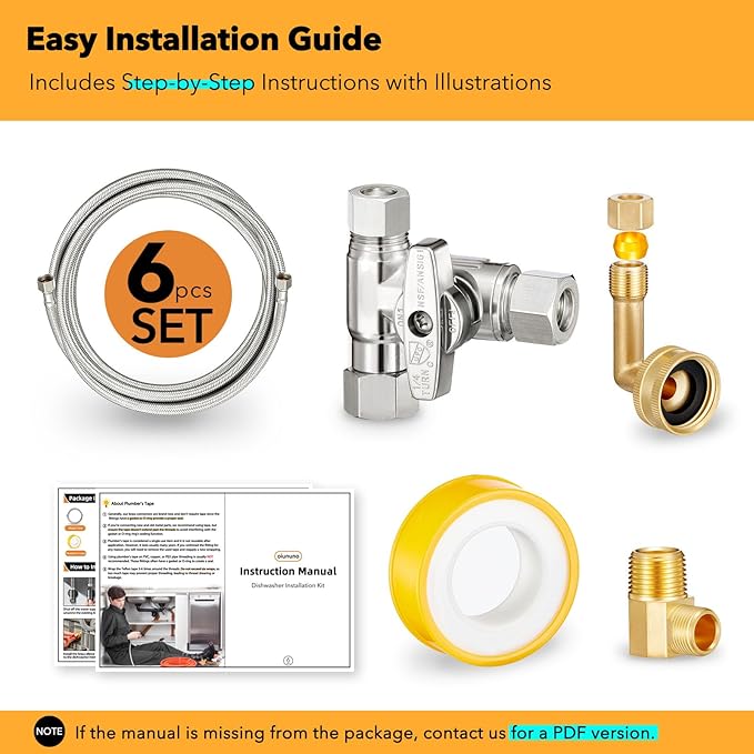 Dishwasher Hose Installation Kit - Includes Water Supply Line, 3/8" Compression Water Splitter, 3/4" FHT Elbow, and 3/8" MIP Elbow (8 FT)