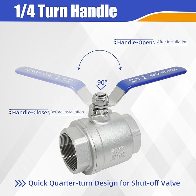YADIAN 2 Pack 2'' Ball Valve Full Port 304 Stainless Steel 2 inch NPT Female Heavy Duty Shut Off Valve 2 inch Ball Valve for Water, Oil, and Gas with Blue Locking Handles, 1000 WOG