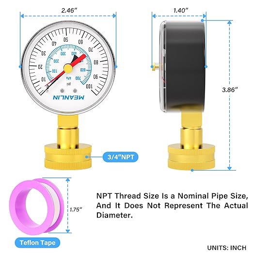 MEANLIN MEASURE 0~100Psi 3/4" Female Water Pressure Test Gauge, 2.5" FACE DIAL with Red Indicator Hands, Hydraulic Tester Suitable for Gardens, Water Pipes