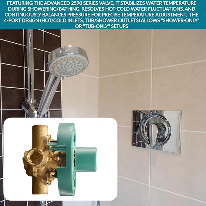 2590 Shower Valve, Shower Valve Replacement for Moen Valve-1/2 Inch IPS Connections, Pressure Balancing Cycling 4 Port Tub and Brass Shower Valves with Stops. Includes 1222 Cartridge