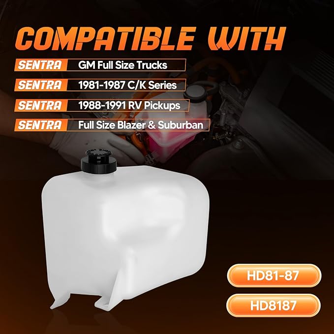 HD8187 Engine Coolant Overflow Recovery Expansion Tank [with Cap & Hose] Compatible with Chevrolet & GMC & GM Vehicles - 1981-1987 CK Series, 1988-1991 RV Pickups, Blazer, Suburban, Full Size Truck