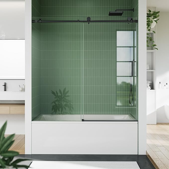 Frameless Sliding Shower Door - 56 to 60 Inch Adjustable Width x 59 Inch Height, 8mm Tempered Glass with Soft Close & Easy-Clean Coating, Stainless Steel Round Rail & 55 Rollers, Matte Black Finish